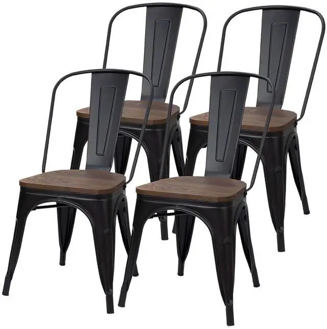 Main image of Metal Dining Chair Stackable Industrial Vintage Kitchen Chairs Indoor-Outdoor Bistro Cafe Side Chairs with Back and Wooden Seat Set of 4 (Black)