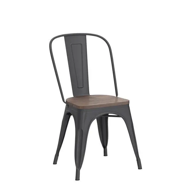 Alt view image 5 of 7 - Metal Dining Chair Stackable Industrial Vintage Kitchen Chairs Indoor-Outdoor Bistro Cafe Side Chairs with Back and Wooden Seat Set of 4 (Black)