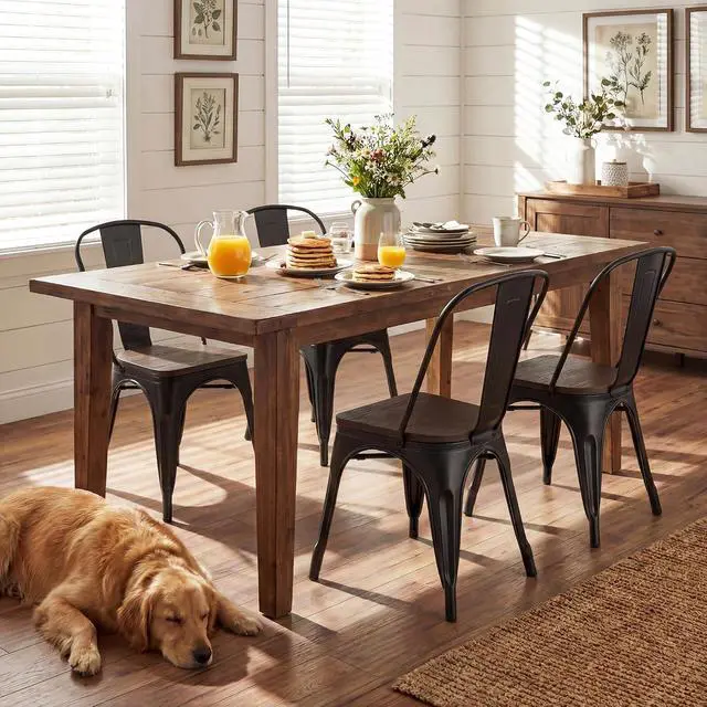 Alt view image 2 of 7 - Metal Dining Chair Stackable Industrial Vintage Kitchen Chairs Indoor-Outdoor Bistro Cafe Side Chairs with Back and Wooden Seat Set of 4 (Black)