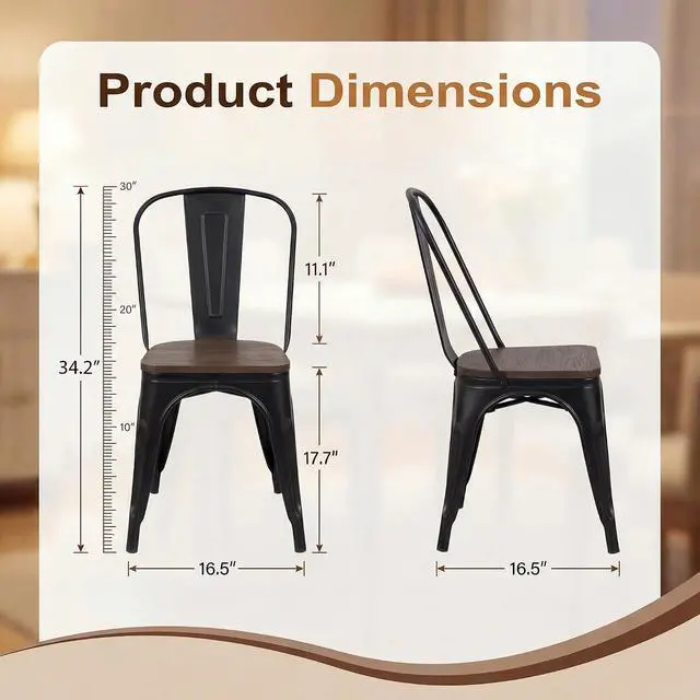 Alt view image 3 of 7 - Metal Dining Chair Stackable Industrial Vintage Kitchen Chairs Indoor-Outdoor Bistro Cafe Side Chairs with Back and Wooden Seat Set of 4 (Black)
