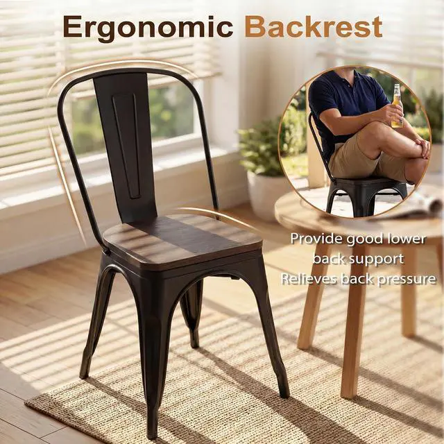 Alt view image 4 of 7 - Metal Dining Chair Stackable Industrial Vintage Kitchen Chairs Indoor-Outdoor Bistro Cafe Side Chairs with Back and Wooden Seat Set of 4 (Black)