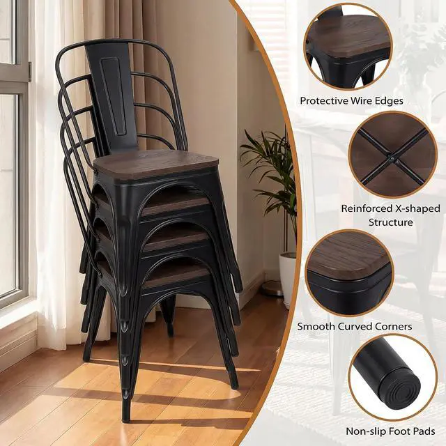 Alt view image 6 of 7 - Metal Dining Chair Stackable Industrial Vintage Kitchen Chairs Indoor-Outdoor Bistro Cafe Side Chairs with Back and Wooden Seat Set of 4 (Black)