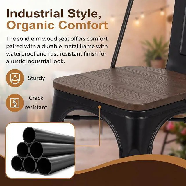 Alt view image 7 of 7 - Metal Dining Chair Stackable Industrial Vintage Kitchen Chairs Indoor-Outdoor Bistro Cafe Side Chairs with Back and Wooden Seat Set of 4 (Black)