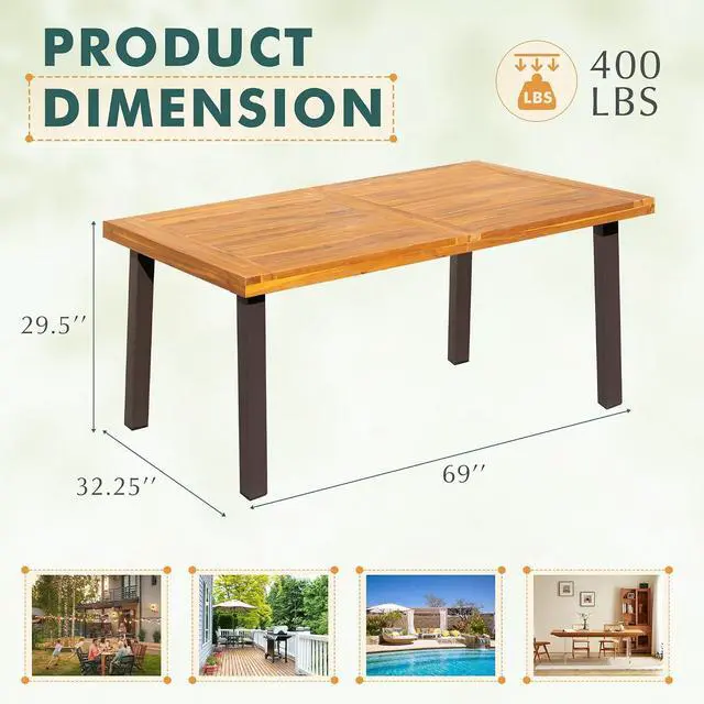 Alt view image 2 of 7 - Dining Table for 6 Acacia Wood Indoor Outdoor Home Kitchen Table with Iron Legs Large Rectangular Patio Table for Deck, Sunroom
