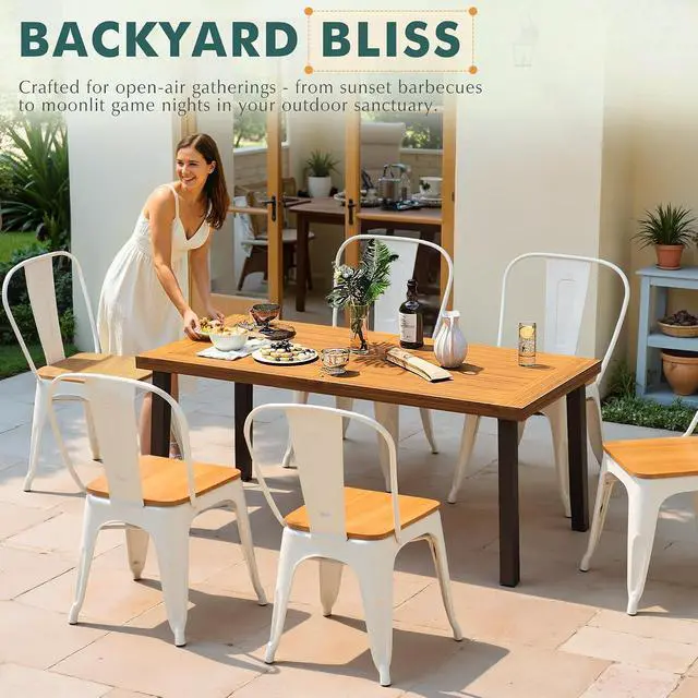 Alt view image 3 of 7 - Dining Table for 6 Acacia Wood Indoor Outdoor Home Kitchen Table with Iron Legs Large Rectangular Patio Table for Deck, Sunroom