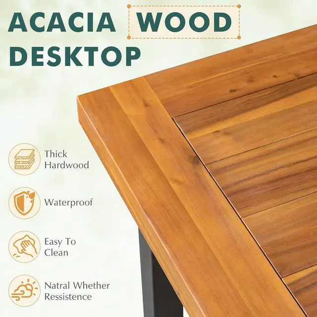 Alt view image 5 of 7 - Dining Table for 6 Acacia Wood Indoor Outdoor Home Kitchen Table with Iron Legs Large Rectangular Patio Table for Deck, Sunroom