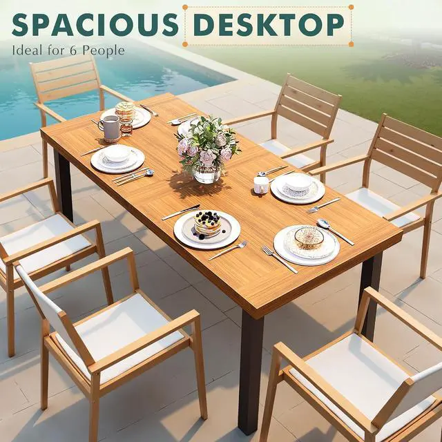 Alt view image 4 of 7 - Dining Table for 6 Acacia Wood Indoor Outdoor Home Kitchen Table with Iron Legs Large Rectangular Patio Table for Deck, Sunroom