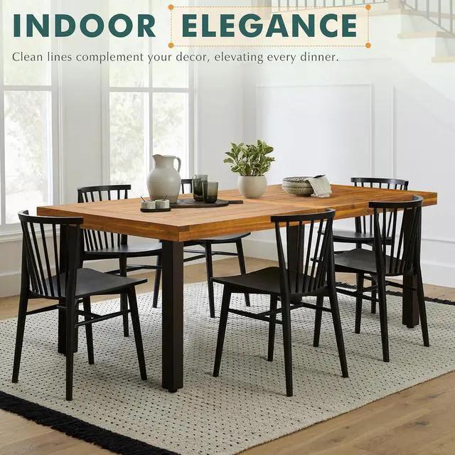 Alt view image 7 of 7 - Dining Table for 6 Acacia Wood Indoor Outdoor Home Kitchen Table with Iron Legs Large Rectangular Patio Table for Deck, Sunroom