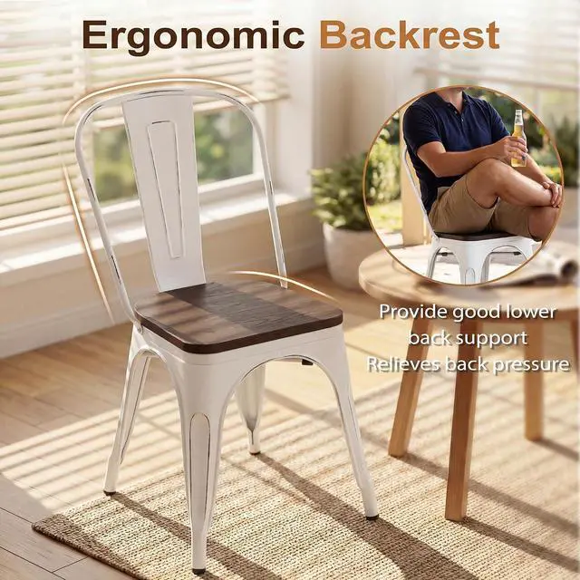 Alt view image 4 of 7 - Metal Dining Chair Stackable Industrial Vintage Kitchen Chairs Indoor-Outdoor Bistro Cafe Side Chairs with Back and Wooden Seat Set of 4 (White)
