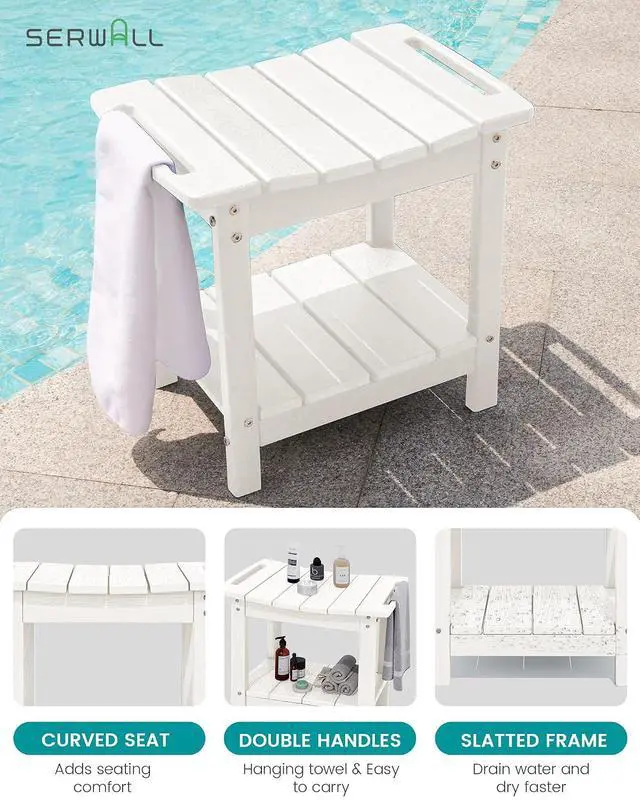 Alt view image 5 of 7 - Shower Bench, 18" Shower Stool for Inside Shower, HDPE Waterproof Shower Seats for Adults with Storage Shelf & Handles, 360 lbs Capacity- White
