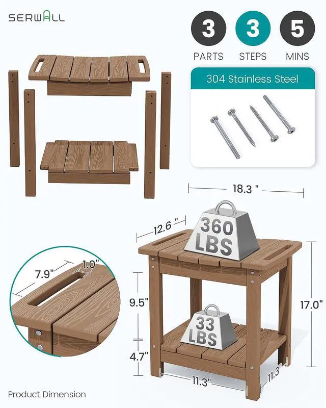 Alt view image 2 of 7 - Shower Bench, 18" Shower Stool for Inside Shower, HDPE Waterproof Shower Seats for Adults with Storage Shelf & Handles, 360 lbs Capacity- Brown