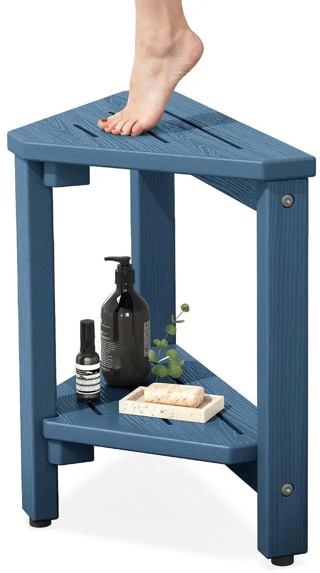 Main image of 15" Shower Foot Rest for Shaving Legs, Waterproof Corner Shower Stool for Inside Shower, HDPE Shower Bench with Storage Shelf, Load 360Lbs, Indoor/Outdoor Use, Blue