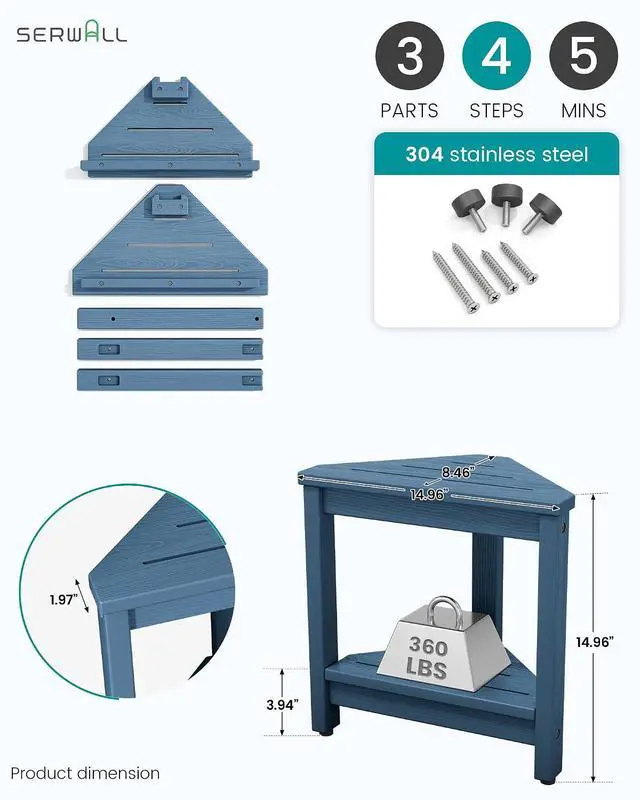 Alt view image 2 of 7 - 15" Shower Foot Rest for Shaving Legs, Waterproof Corner Shower Stool for Inside Shower, HDPE Shower Bench with Storage Shelf, Load 360Lbs, Indoor/Outdoor Use, Blue
