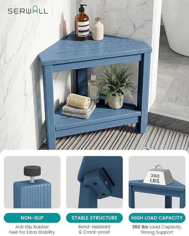 Alt view image 4 of 7 - 15" Shower Foot Rest for Shaving Legs, Waterproof Corner Shower Stool for Inside Shower, HDPE Shower Bench with Storage Shelf, Load 360Lbs, Indoor/Outdoor Use, Blue