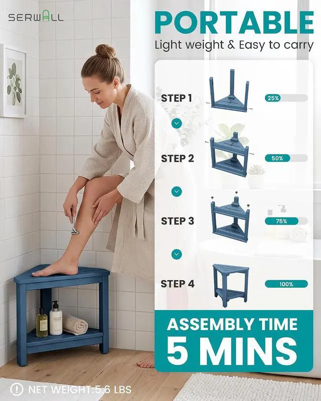 Alt view image 5 of 7 - 15" Shower Foot Rest for Shaving Legs, Waterproof Corner Shower Stool for Inside Shower, HDPE Shower Bench with Storage Shelf, Load 360Lbs, Indoor/Outdoor Use, Blue
