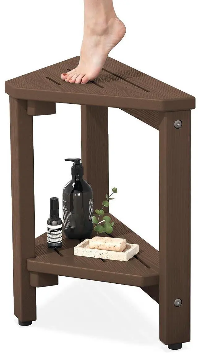 Main image of 15" Shower Foot Rest for Shaving Legs, Waterproof Corner Shower Stool for Inside Shower, HDPE Shower Bench with Storage Shelf, Load 360Lbs, Indoor/Outdoor Use, Brown