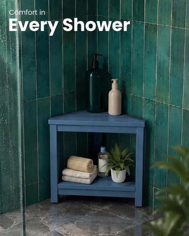 Alt view image 7 of 7 - 15" Shower Foot Rest for Shaving Legs, Waterproof Corner Shower Stool for Inside Shower, HDPE Shower Bench with Storage Shelf, Load 360Lbs, Indoor/Outdoor Use, Blue