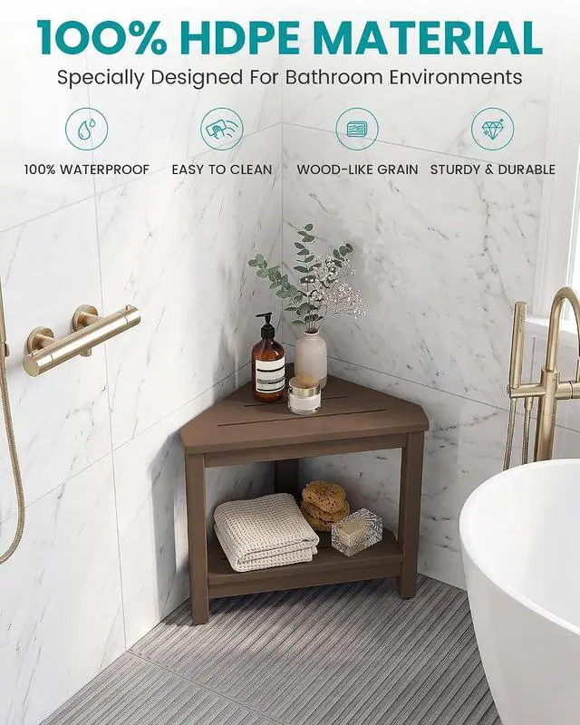 Alt view image 3 of 7 - 15" Shower Foot Rest for Shaving Legs, Waterproof Corner Shower Stool for Inside Shower, HDPE Shower Bench with Storage Shelf, Load 360Lbs, Indoor/Outdoor Use, Brown