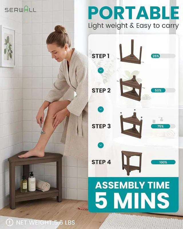 Alt view image 5 of 7 - 15" Shower Foot Rest for Shaving Legs, Waterproof Corner Shower Stool for Inside Shower, HDPE Shower Bench with Storage Shelf, Load 360Lbs, Indoor/Outdoor Use, Brown