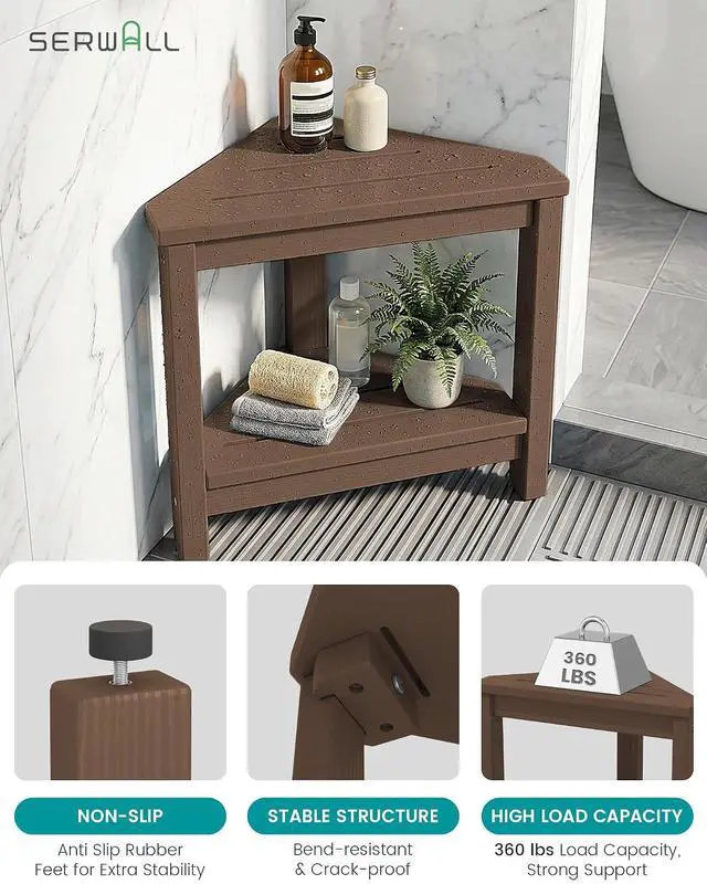 Alt view image 4 of 7 - 15" Shower Foot Rest for Shaving Legs, Waterproof Corner Shower Stool for Inside Shower, HDPE Shower Bench with Storage Shelf, Load 360Lbs, Indoor/Outdoor Use, Brown