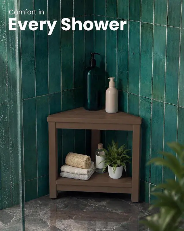 Alt view image 7 of 7 - 15" Shower Foot Rest for Shaving Legs, Waterproof Corner Shower Stool for Inside Shower, HDPE Shower Bench with Storage Shelf, Load 360Lbs, Indoor/Outdoor Use, Brown