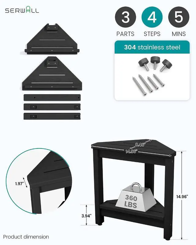 Alt view image 2 of 7 - 15" Shower Foot Rest for Shaving Legs, Waterproof Corner Shower Stool for Inside Shower, HDPE Shower Bench with Storage Shelf, Load 360Lbs, Indoor/Outdoor Use, Black