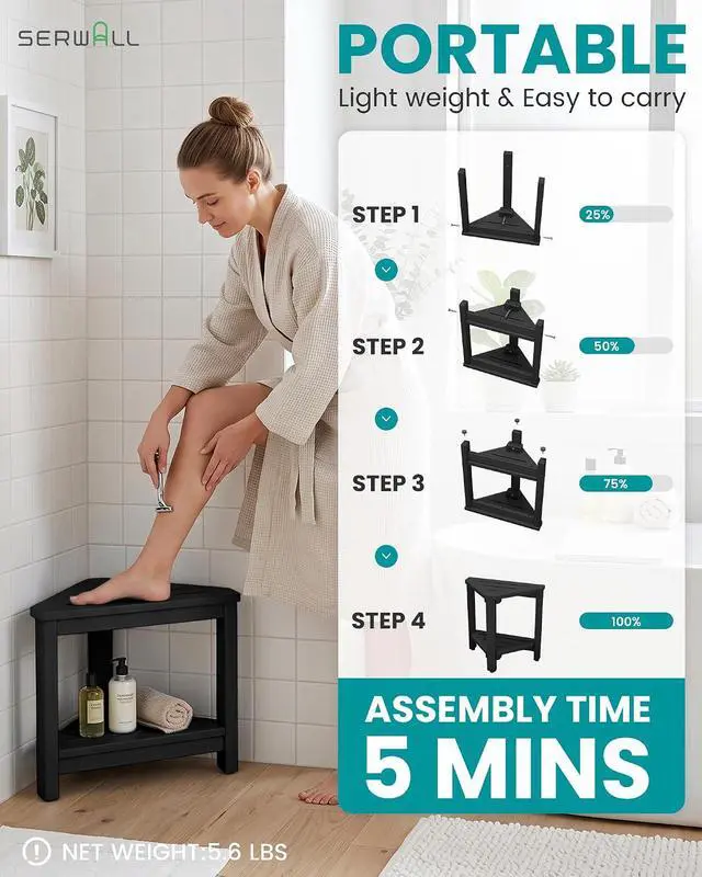 Alt view image 5 of 7 - 15" Shower Foot Rest for Shaving Legs, Waterproof Corner Shower Stool for Inside Shower, HDPE Shower Bench with Storage Shelf, Load 360Lbs, Indoor/Outdoor Use, Black