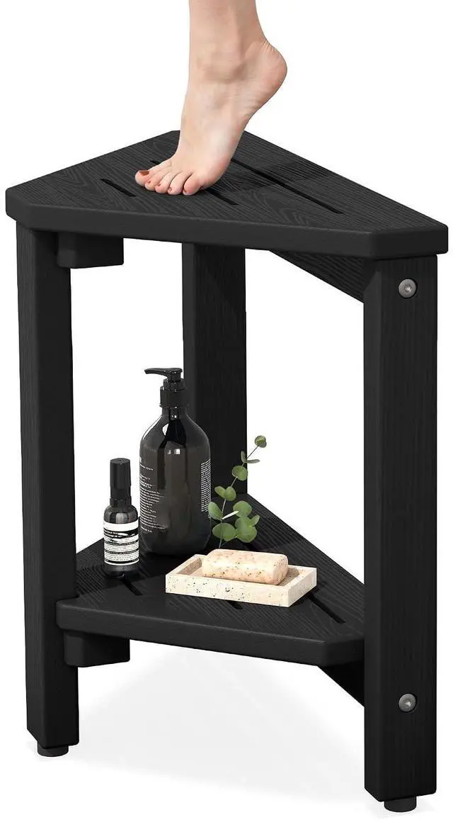 Main image of 15" Shower Foot Rest for Shaving Legs, Waterproof Corner Shower Stool for Inside Shower, HDPE Shower Bench with Storage Shelf, Load 360Lbs, Indoor/Outdoor Use, Black