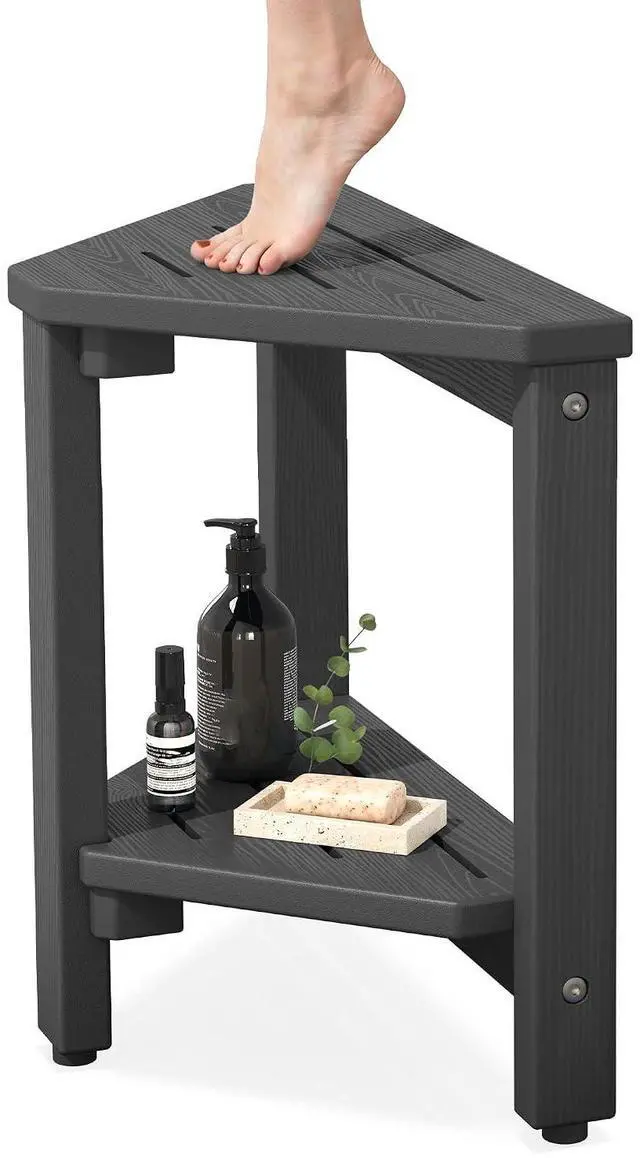 Main image of 15" Shower Foot Rest for Shaving Legs, Waterproof Corner Shower Stool for Inside Shower, HDPE Shower Bench with Storage Shelf, Load 360Lbs, Indoor/Outdoor Use, Grey