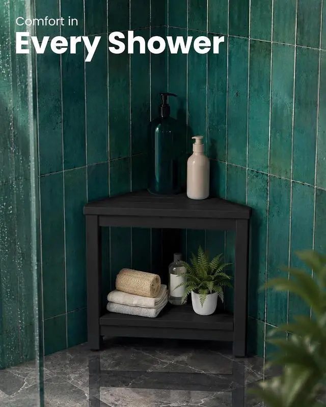 Alt view image 7 of 7 - 15" Shower Foot Rest for Shaving Legs, Waterproof Corner Shower Stool for Inside Shower, HDPE Shower Bench with Storage Shelf, Load 360Lbs, Indoor/Outdoor Use, Black