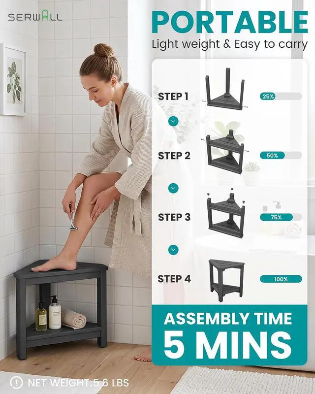 Alt view image 5 of 7 - 15" Shower Foot Rest for Shaving Legs, Waterproof Corner Shower Stool for Inside Shower, HDPE Shower Bench with Storage Shelf, Load 360Lbs, Indoor/Outdoor Use, Grey