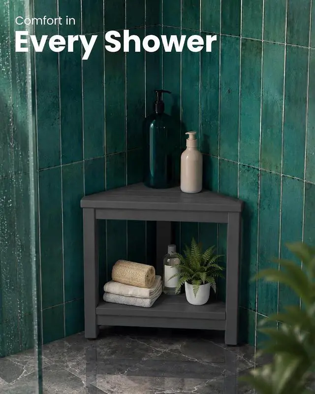 Alt view image 7 of 7 - 15" Shower Foot Rest for Shaving Legs, Waterproof Corner Shower Stool for Inside Shower, HDPE Shower Bench with Storage Shelf, Load 360Lbs, Indoor/Outdoor Use, Grey