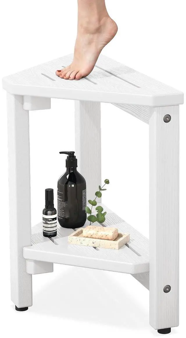 Main image of 15" Shower Foot Rest for Shaving Legs, Waterproof Corner Shower Stool for Inside Shower, HDPE Shower Bench with Storage Shelf, Load 360Lbs, Indoor/Outdoor Use, White