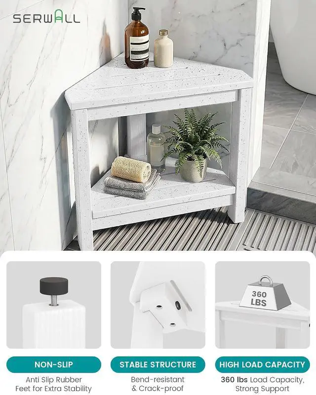 Alt view image 4 of 7 - 15" Shower Foot Rest for Shaving Legs, Waterproof Corner Shower Stool for Inside Shower, HDPE Shower Bench with Storage Shelf, Load 360Lbs, Indoor/Outdoor Use, White