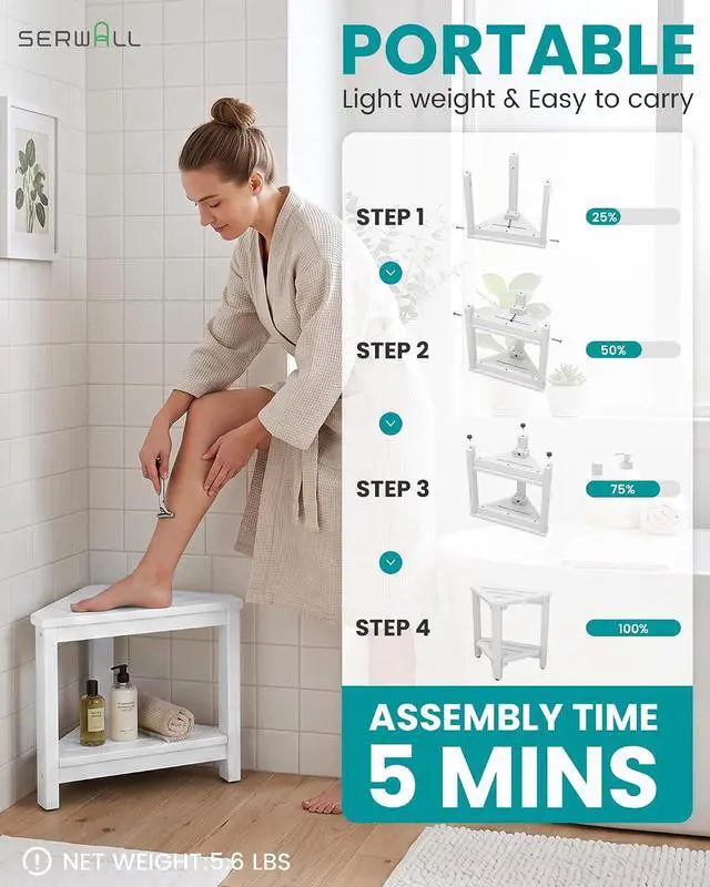 Alt view image 5 of 7 - 15" Shower Foot Rest for Shaving Legs, Waterproof Corner Shower Stool for Inside Shower, HDPE Shower Bench with Storage Shelf, Load 360Lbs, Indoor/Outdoor Use, White