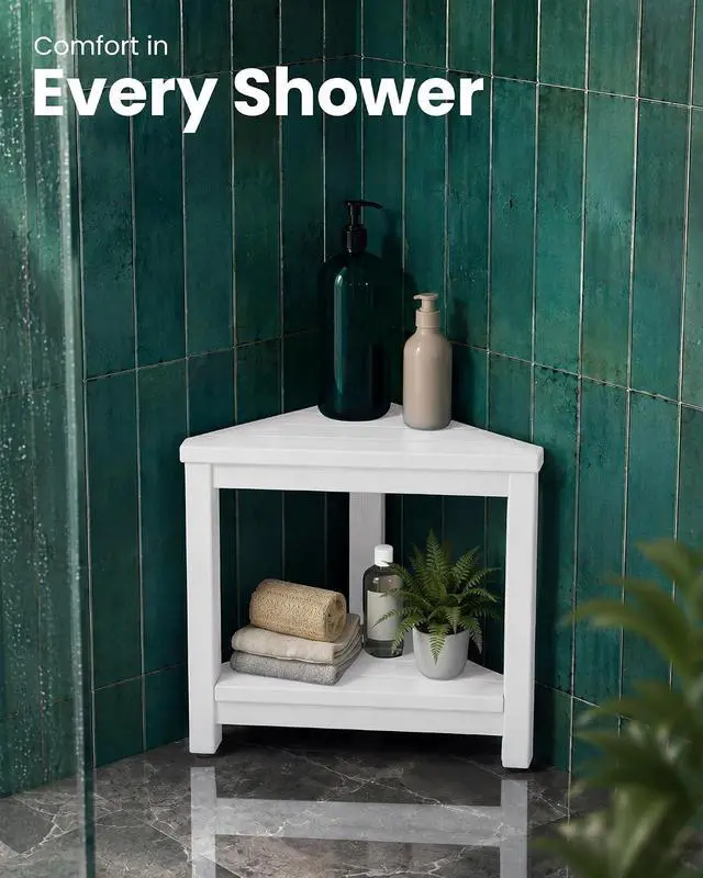 Alt view image 7 of 7 - 15" Shower Foot Rest for Shaving Legs, Waterproof Corner Shower Stool for Inside Shower, HDPE Shower Bench with Storage Shelf, Load 360Lbs, Indoor/Outdoor Use, White