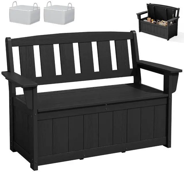 Main image of HDPE Outdoor Storage Bench, All-Weather Deck Box with Waterproof Storage Bags, 57 Gallon Dual-Use Seat & Organizer Deck Boxes for Patio, Garden Tools & Pool (Dark Black)