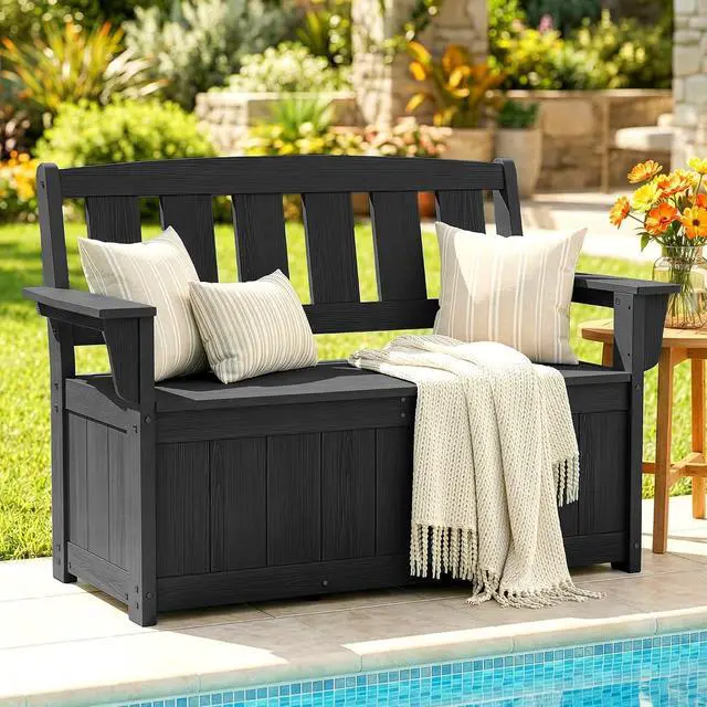 Alt view image 2 of 7 - HDPE Outdoor Storage Bench, All-Weather Deck Box with Waterproof Storage Bags, 57 Gallon Dual-Use Seat & Organizer Deck Boxes for Patio, Garden Tools & Pool (Dark Black)