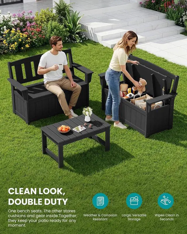 Alt view image 6 of 7 - HDPE Outdoor Storage Bench, All-Weather Deck Box with Waterproof Storage Bags, 57 Gallon Dual-Use Seat & Organizer Deck Boxes for Patio, Garden Tools & Pool (Dark Black)