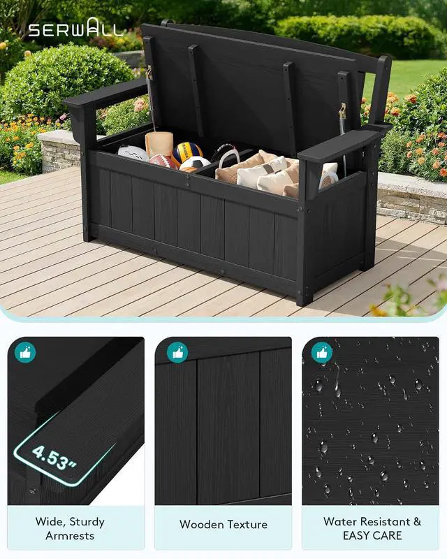 Alt view image 5 of 7 - HDPE Outdoor Storage Bench, All-Weather Deck Box with Waterproof Storage Bags, 57 Gallon Dual-Use Seat & Organizer Deck Boxes for Patio, Garden Tools & Pool (Dark Black)
