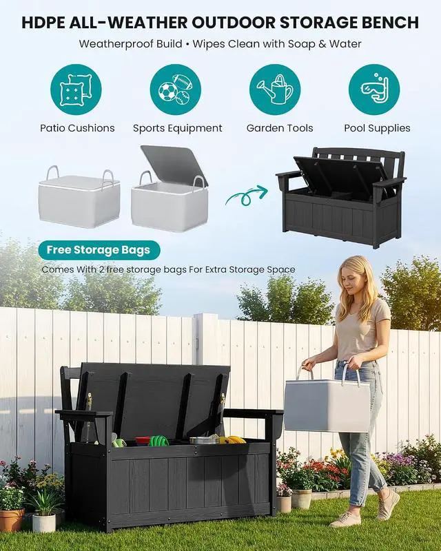 Alt view image 6 of 7 - HDPE Outdoor Storage Bench1(Dark Black)