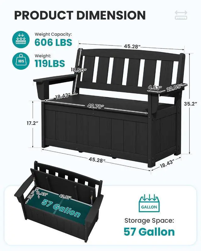 Alt view image 3 of 7 - HDPE Outdoor Storage Bench, All-Weather Deck Box with Waterproof Storage Bags, 57 Gallon Dual-Use Seat & Organizer Deck Boxes for Patio, Garden Tools & Pool (Dark Black)