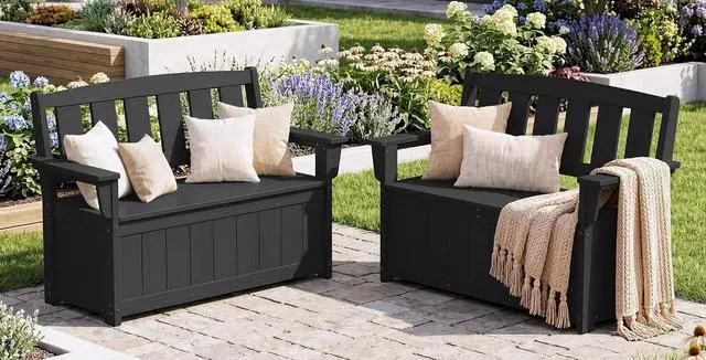Main image of HDPE Outdoor Storage Bench Set of 2, All-Weather, UV-Resistant Deck Box with Waterproof Storage Bags, 57 Gallon Dual-Use Seat & Organizer Deck Boxes,Dark Black (Cushions not Included)