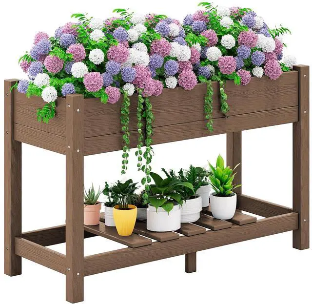 Main image of Raised Garden Bed with Legs, 43"×17"×30" Large HDPE Elevated Planter Box for Vegetables Flower Herb Patio, All Weather Use- Brown