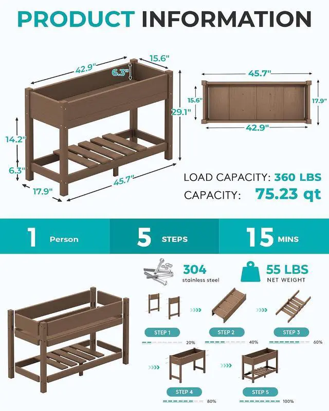 Alt view image 2 of 7 - Raised Garden Bed with Legs Set of 2, 43"×17"×30" Large HDPE Elevated Planter Box for Vegetables Flower Herb Patio, All Weather Use- Brown