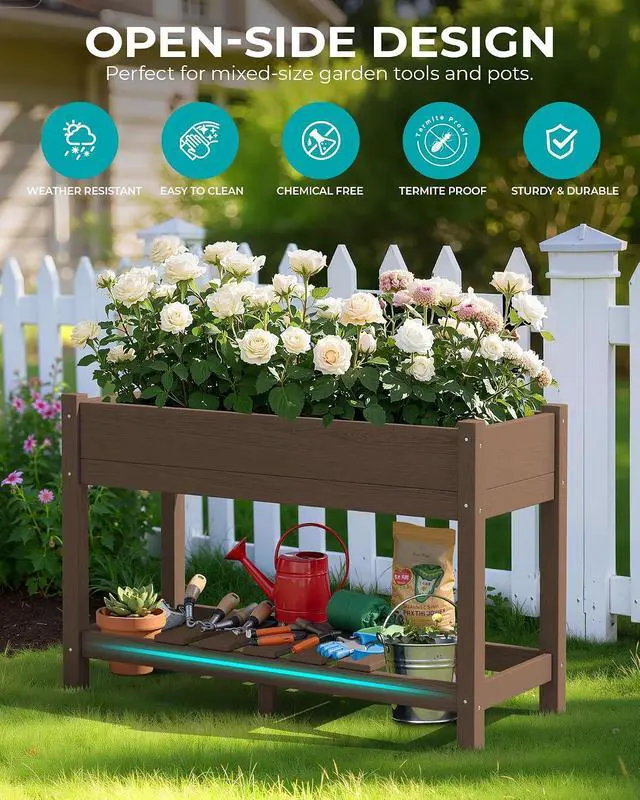 Alt view image 3 of 7 - Raised Garden Bed with Legs Set of 2, 43"×17"×30" Large HDPE Elevated Planter Box for Vegetables Flower Herb Patio, All Weather Use- Brown