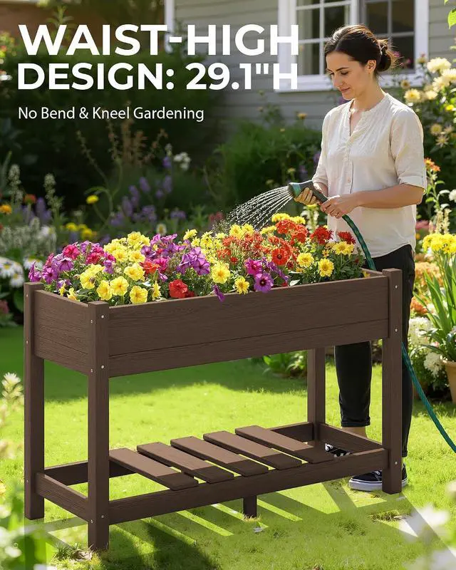 Alt view image 5 of 7 - Raised Garden Bed with Legs Set of 2, 43"×17"×30" Large HDPE Elevated Planter Box for Vegetables Flower Herb Patio, All Weather Use- Brown