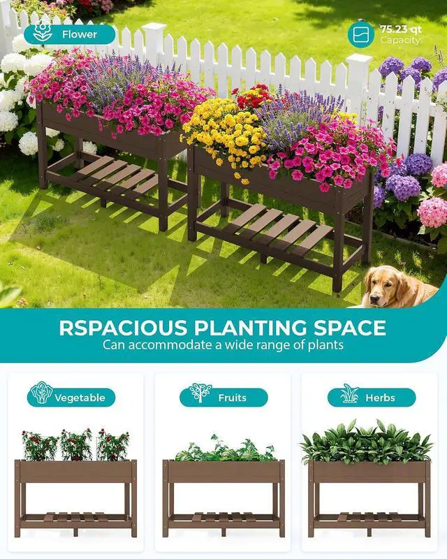 Alt view image 6 of 7 - Raised Garden Bed with Legs Set of 2, 43"×17"×30" Large HDPE Elevated Planter Box for Vegetables Flower Herb Patio, All Weather Use- Brown