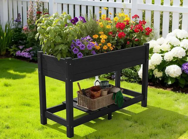 Alt view image 7 of 7 - Raised Garden Bed with Legs Set of 2, 43"×17"×30" Large HDPE Elevated Planter Box for Vegetables Flower Herb Patio, All Weather Use-Black