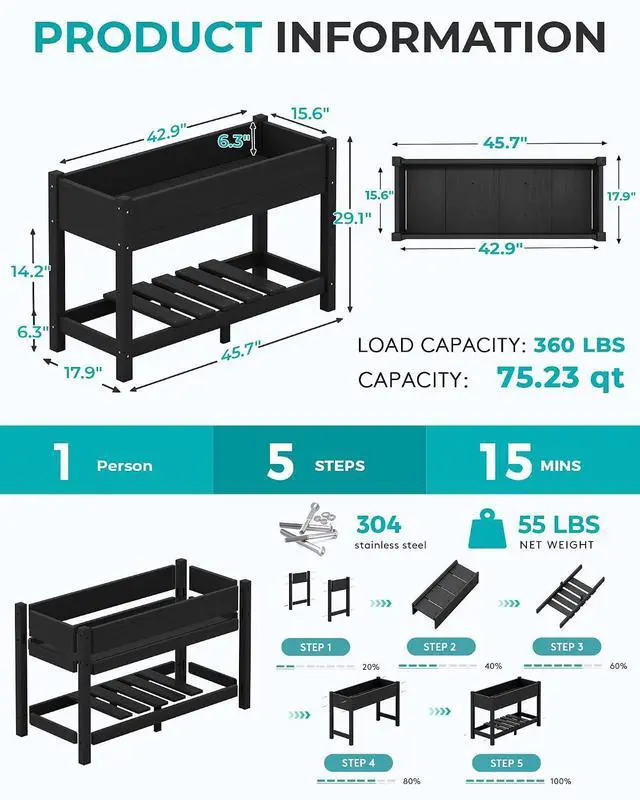Alt view image 2 of 7 - Raised Garden Bed with Legs Set of 2, 43"×17"×30" Large HDPE Elevated Planter Box for Vegetables Flower Herb Patio, All Weather Use-Black